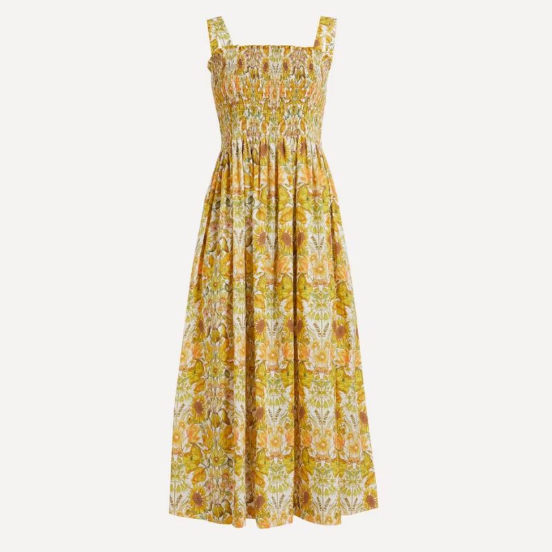 yellow print sun dress with square neckline