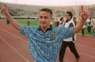 Dennis Wise celebrates after England's Euro 92 qualifying victory over Turkey in which he scored the winning goal