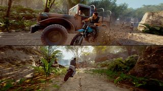 A split-screen screenshot of co-op game A Way Out and the characters escaping on bikes