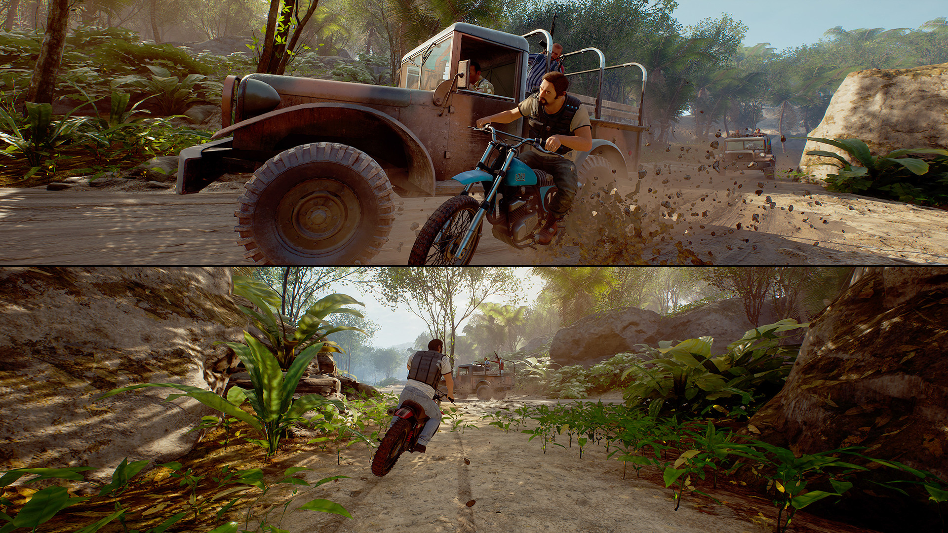 Split screenshot of cooperative game, a way out, character escapes the bike