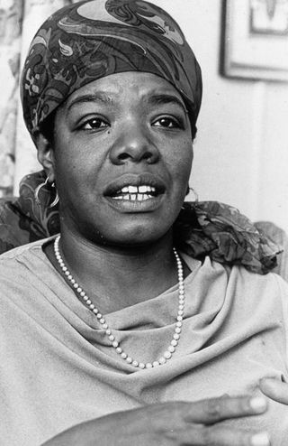 maya angelou 14th march 1972 headshot of american poet and author maya angelou talking at the algonquin hotel, new york city she wears a scarf tied over her head and a pearl necklace photo by edward a hausnernew york times cogetty images