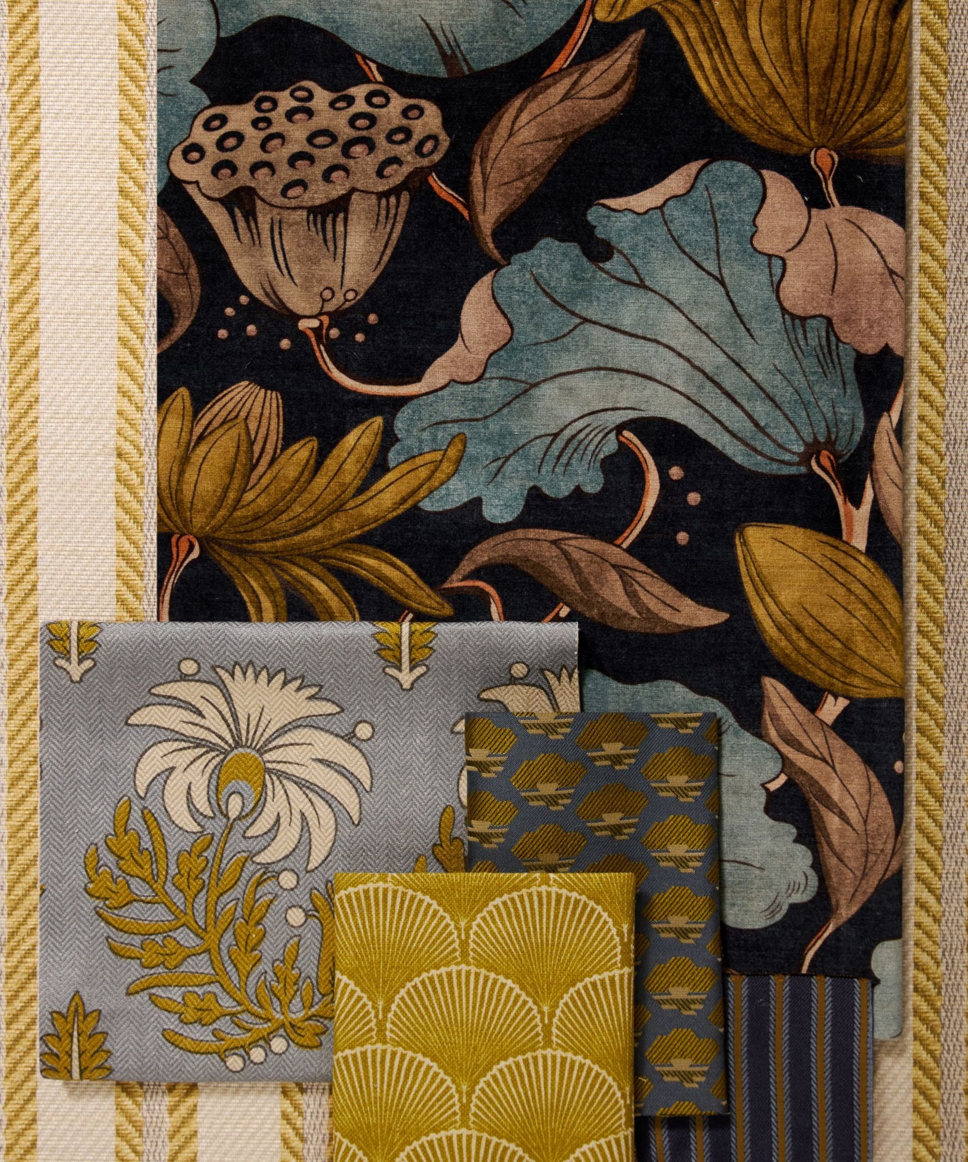 Several swatches of Liberty fabric in the same colorway