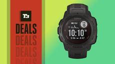 The Garmin Instinct Solar in Black on a green and yellow background, on a special deal!