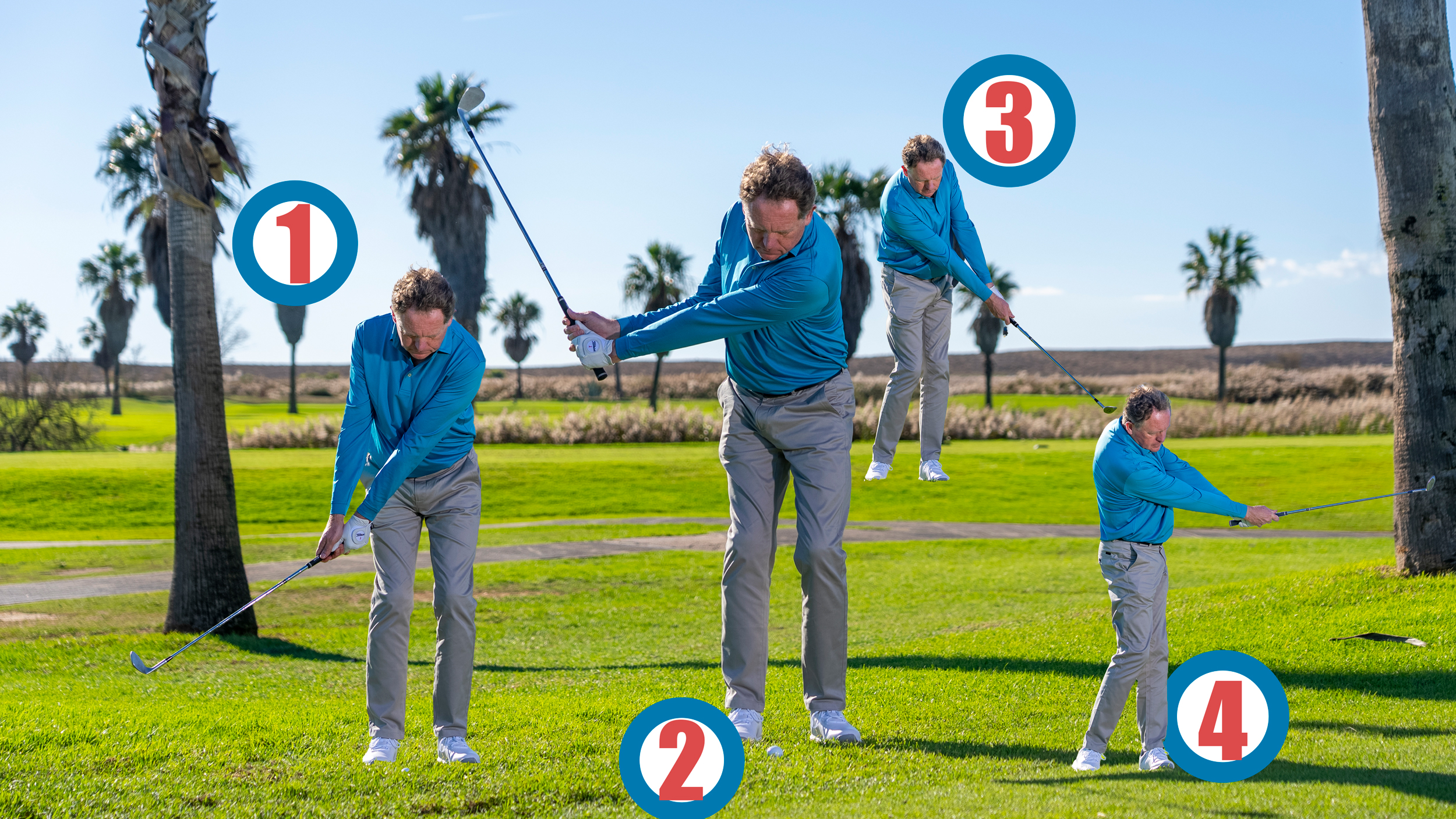 Top 50 Golf Coach Keith Wood showing the four steps to play the half pitch shot, each numbered in order to create a step-by-step guide