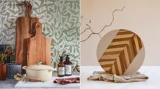 Two images of cutting boards, wooden boards and a wood and marble circular board