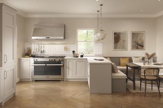 kitchen with peninsular island with built in bench seating