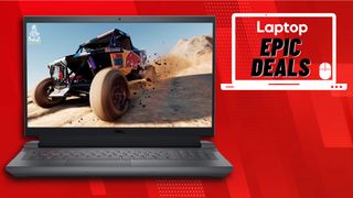 The Dell G15 gaming laptop beside a Laptop Mag deals icon in front of a red background