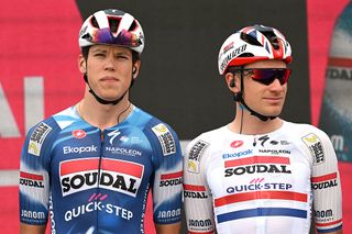 DURRES ALBANIA MAY 09 LR Paul Magnier of France and Ethan Hayter of Great Britain and Team Soudal QuickStep prior to the 108th Giro dItalia 2025 Stage 1 a 160km stage from Durres to Tirana UCIWT on May 09 2025 in Durres Albania Photo by Dario BelingheriGetty Images