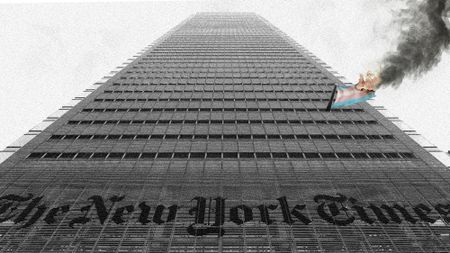 Photo collage of a burning transgender pride flag hanging out of one of very many windows of The New York Times building, shot imposingly from below.