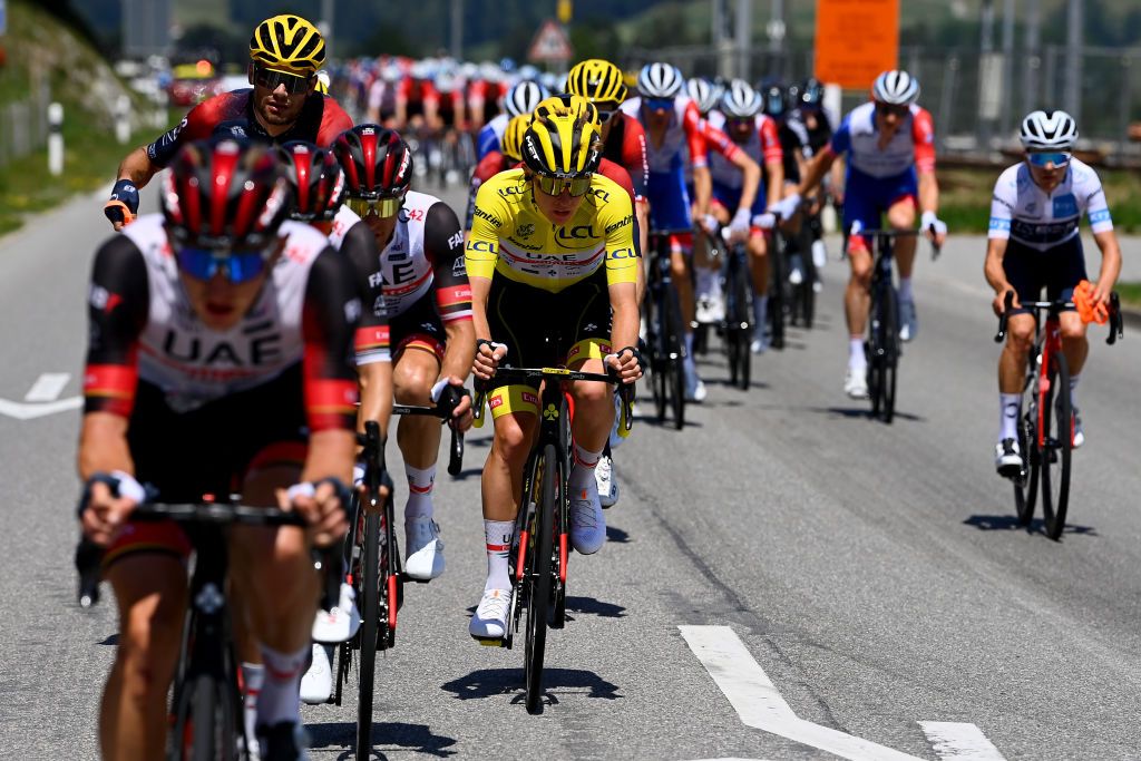 CHTEL LES PORTES DU SOLEIL FRANCE JULY 10 Tadej Pogacar of Slovenia and UAE Team Emirates Yellow Leader Jersey competes during the 109th Tour de France 2022 Stage 9 a 1929km stage from Aigle to Chtel les portes du Soleil 1299m TDF2022 WorldTour on July 10 2022 in Chtel les portes du Soleil France Photo by Tim de WaeleGetty Images