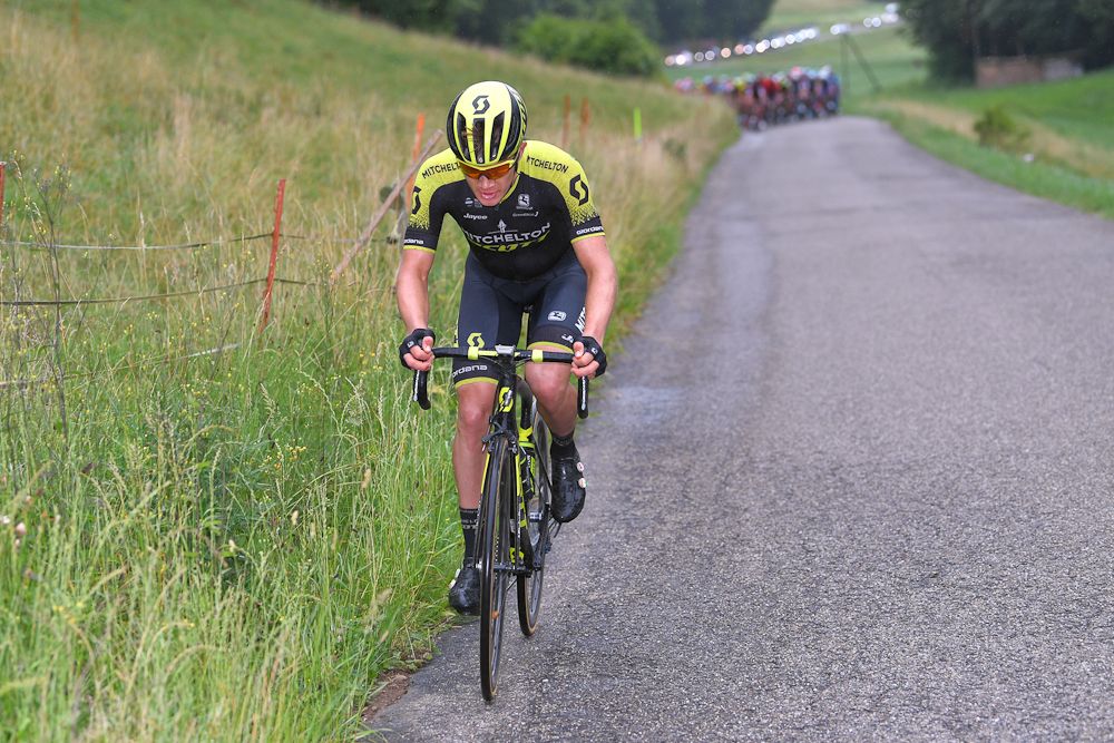 Christopher Juul Jensen (Mitchelton-Scott) rides alone during stage 3 at the Tour de Suisse