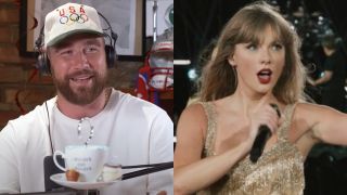 From left to right: Travis Kelce smiling and wearing a USA hat on New Heights and Taylor Swift singing while raising her right hand during the Eras Tour Fearless set.