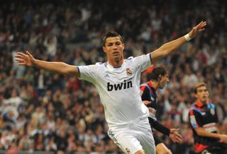 Cristiano Ronaldo celebrates after scoring for Real Madrid against Racing Santander in October 2010.