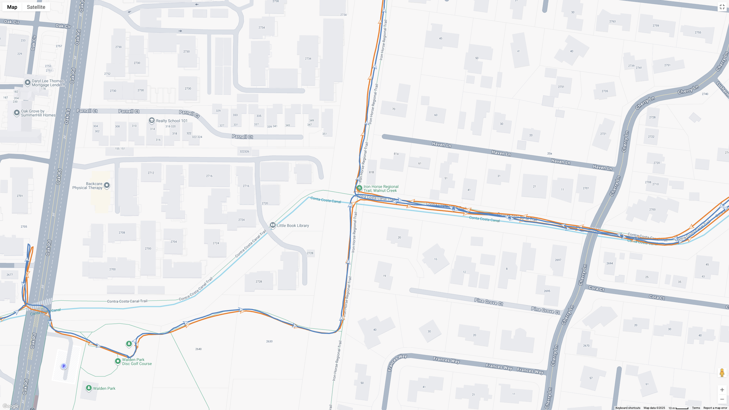 A Google Maps map view showing GPS location data for a workout, with the COROS APEX 4 (orange line) and Garmin Forerunner 970 (blue line) showing how their dual-band GPS tracking compares.