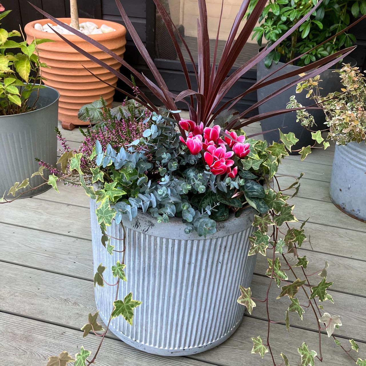 winter planters on garden decking