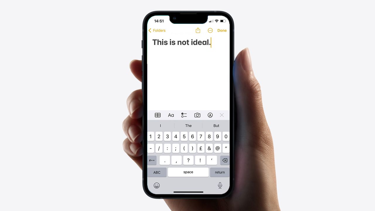 iPhone 13 mini featuring the text 'This is not ideal'