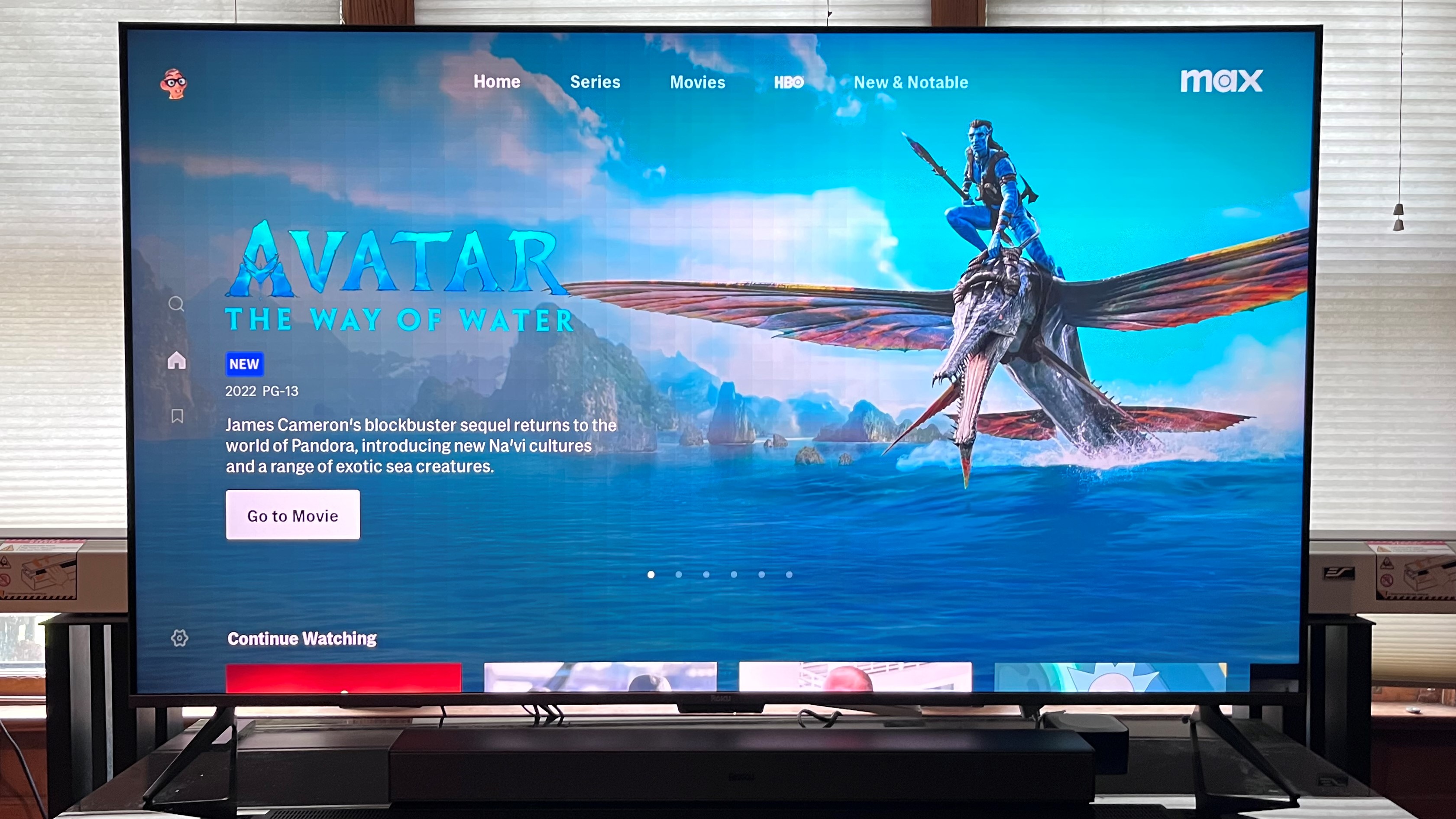 Roku Plus Series TV showing Max app screen with Avatar 2
