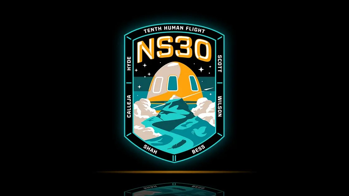 a space mission patch featuring a yellowish space capsule against a blue and black background, with text that says NS-30 in large type