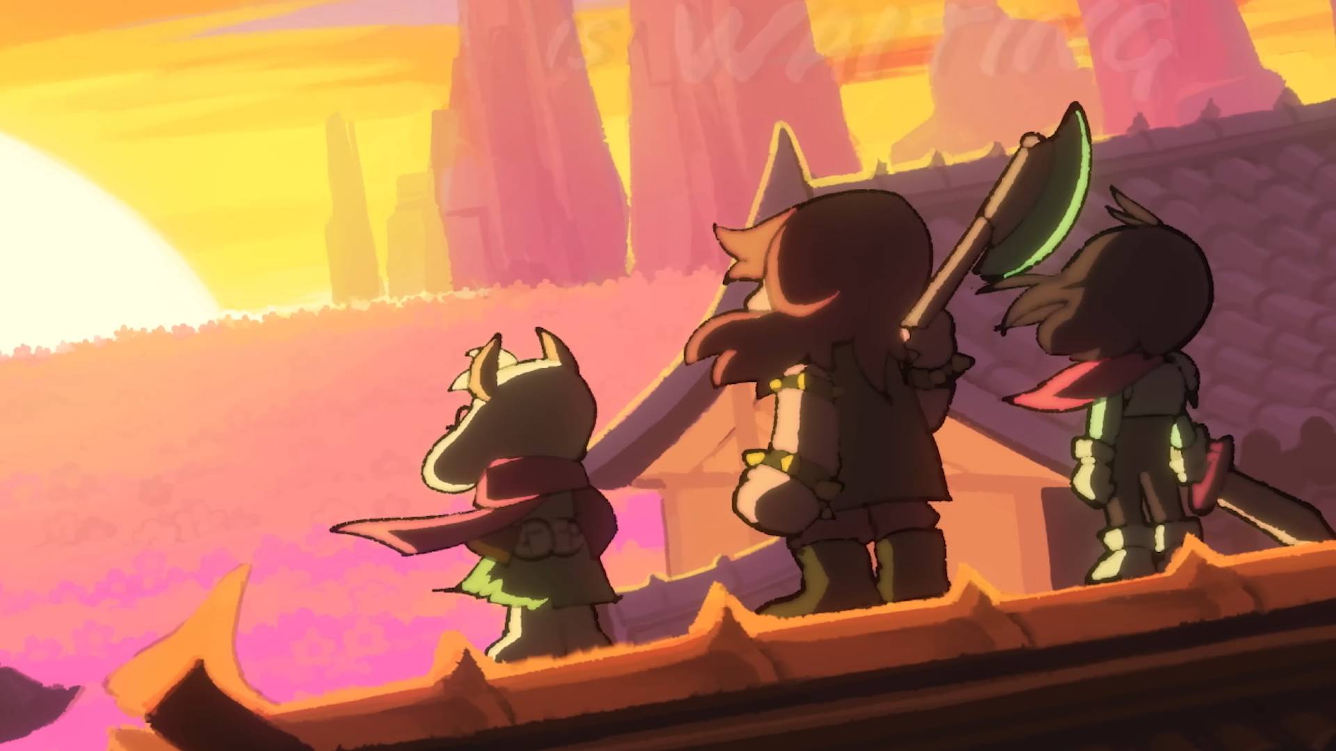 Screenshot from the Deltarune Chapter 5 release date trailer shows art of Ralsei, Susie, and Kris facing a sunset.