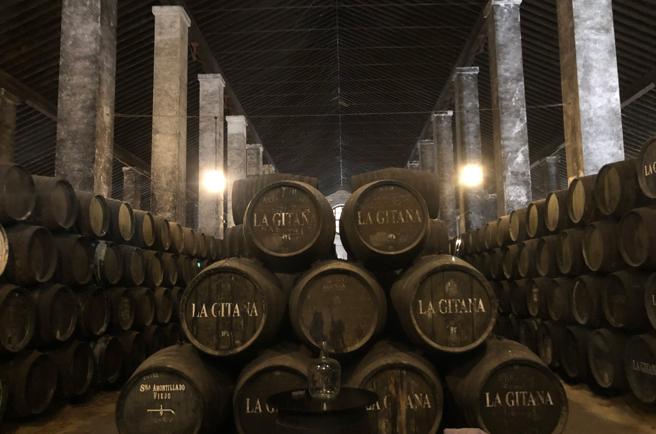 Barrels stacked in rows in a cellar