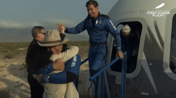 Passengers including Wally Funk exiting the New Shepard capsule on July 20, 2021.