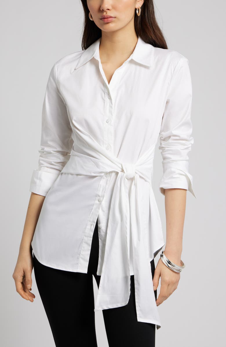 Waist Tie Cotton Poplin Button-Up Shirt