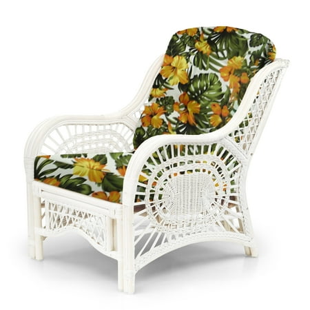 Malibu Lounge Armchair Eco Natural Rattan Wicker Handmade Design With Floral Cushion, White Wash