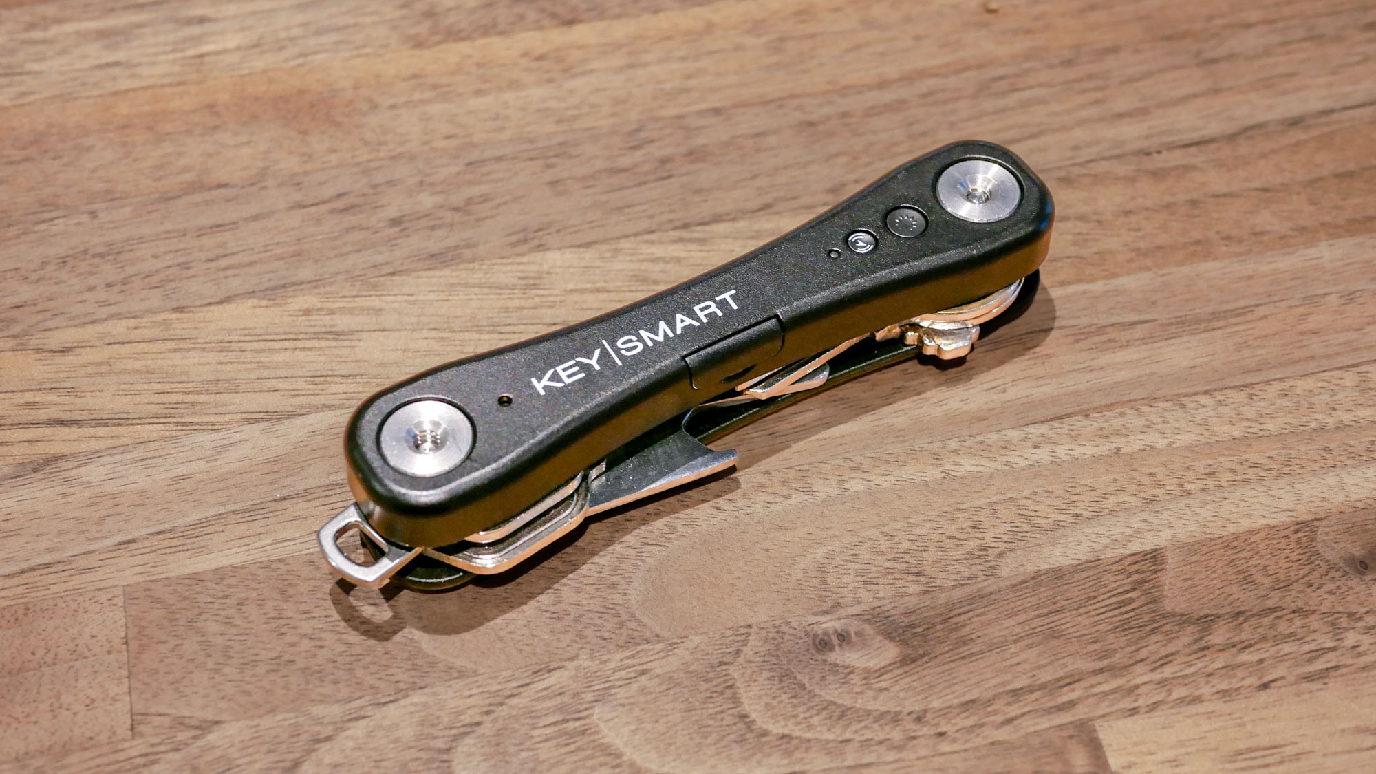 KeySmart iPro smart key tracker with keys folded inside of it.