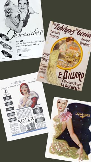 a collage of four vintage watch posters that featured women