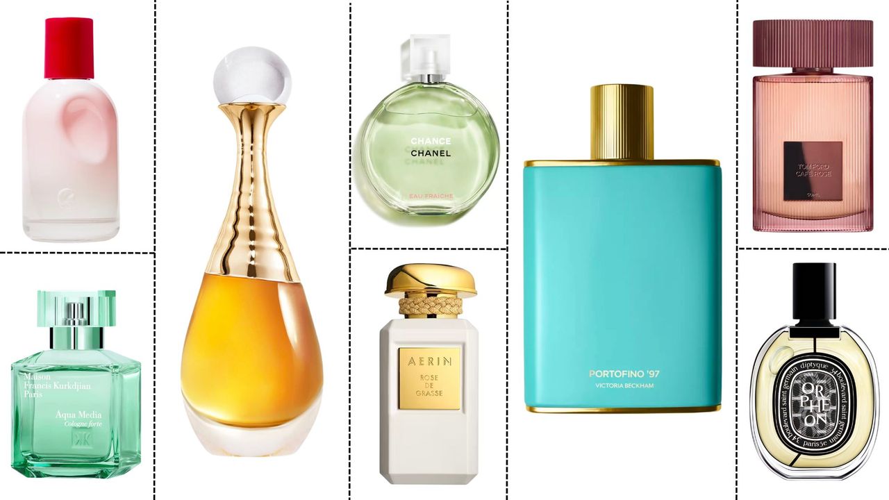 A selection of the best perfume for women 2023 including, Glossier You, Dior L&#039;Or J&#039;adore, Maison Francis Kurkdjian Aqua Media Cologne Forte, Chanel Chance Eau Fraiche, Aerin Rose de Grasse, Victoria Beckham Beauty Portofino 97, Tom Ford Cafe Rose and Diptyque Orphéon