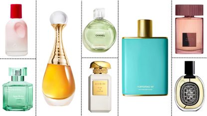A selection of the best perfume for women 2023, including Chanel Chance Eau Fraiche, Aerin Rose de Grasse, Victoria Beckham Beauty Portofino 97, Tom Ford Cafe Rose and Diptyque Orphéon
