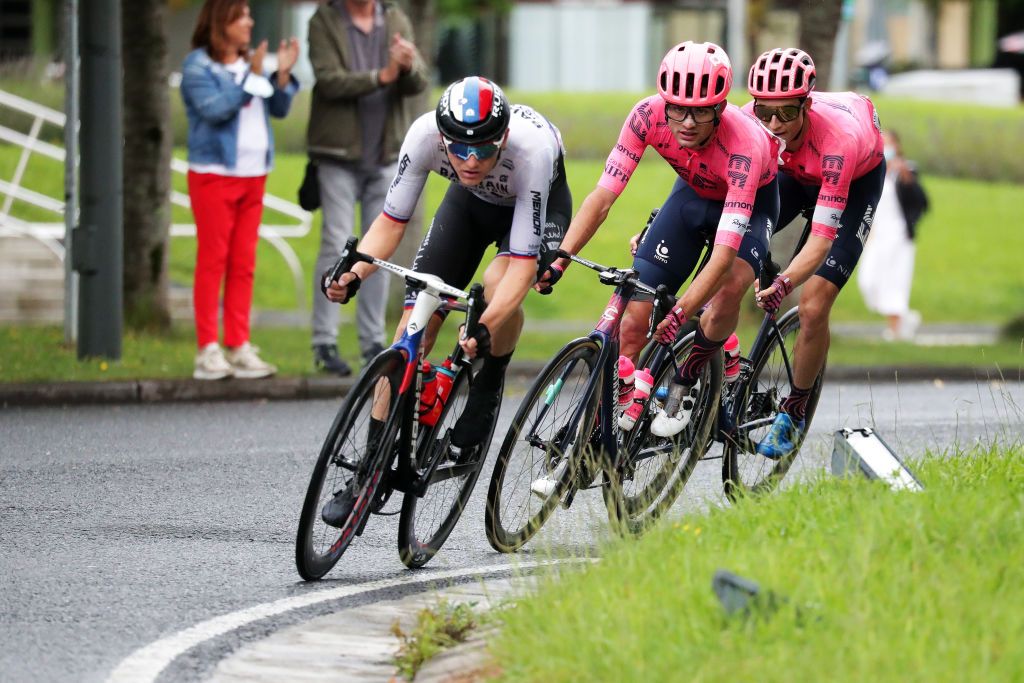 SAN SEBASTIAN SPAIN JULY 31 LR Matej Mohoric of Slovenia and Team Bahrain Victorious Simon Carr of United Kingdom Neilson Powless of United States and Team EF Education Nippo during the 41st Donostia San Sebastian Klasikoa 2021 a 2235km race from DonostiaSan Sebastian to DonostiaSan Sebastian Klasikoa on July 31 2021 in San Sebastian Spain Photo by Gonzalo Arroyo MorenoGetty Images