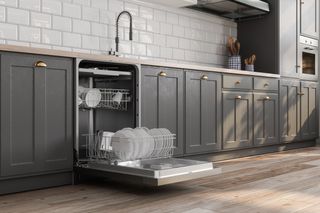 best dishwasher | built in dishwasher with door open and plates in rack