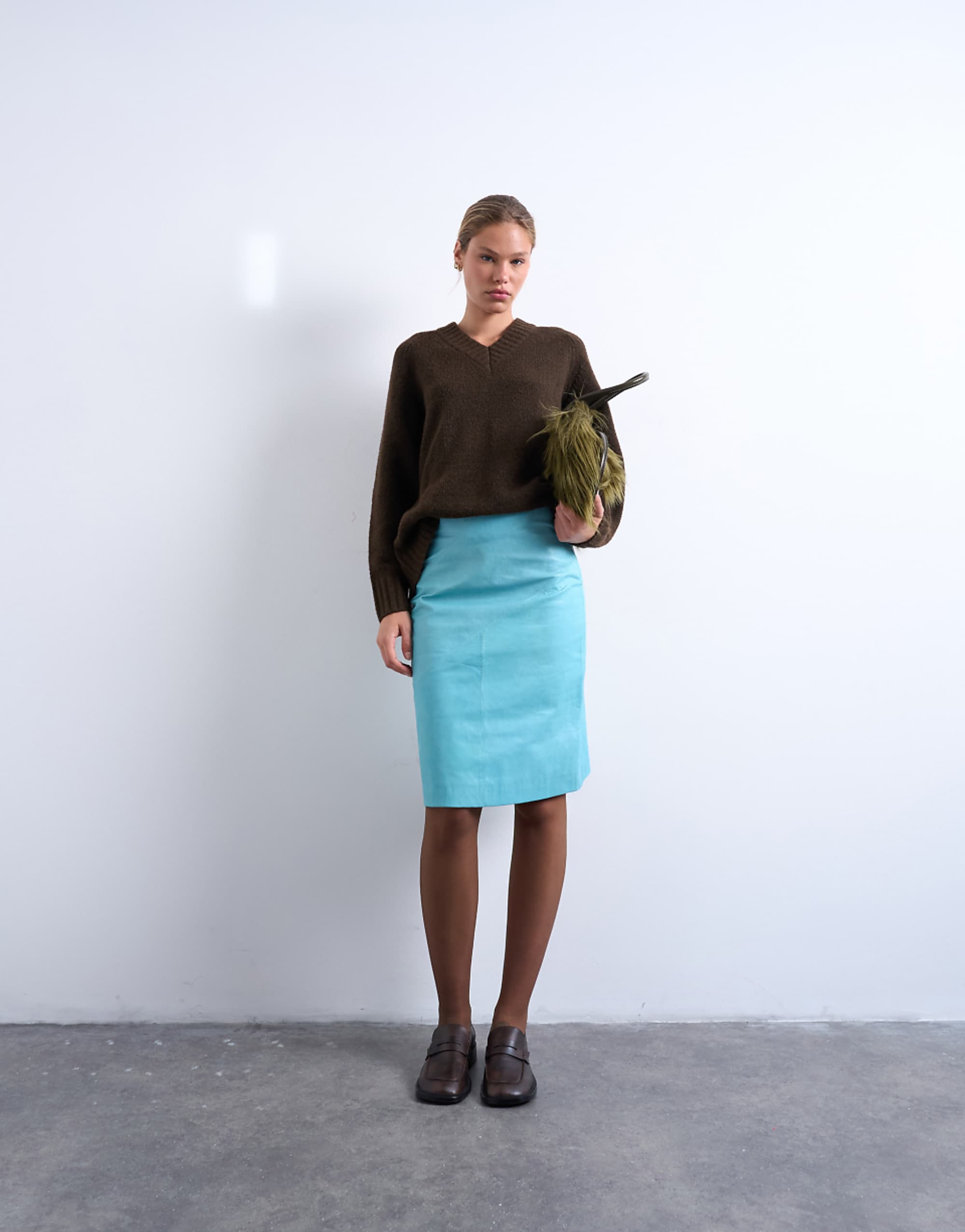 Topshop Real Leather Midi Skirt in Turquoise