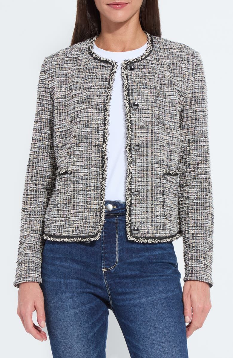 Collarless Stretch Tweed Jacket