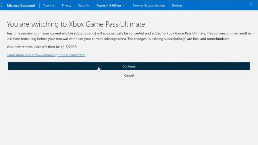 Màn hình chuyển đổi Game Pass Ultimate