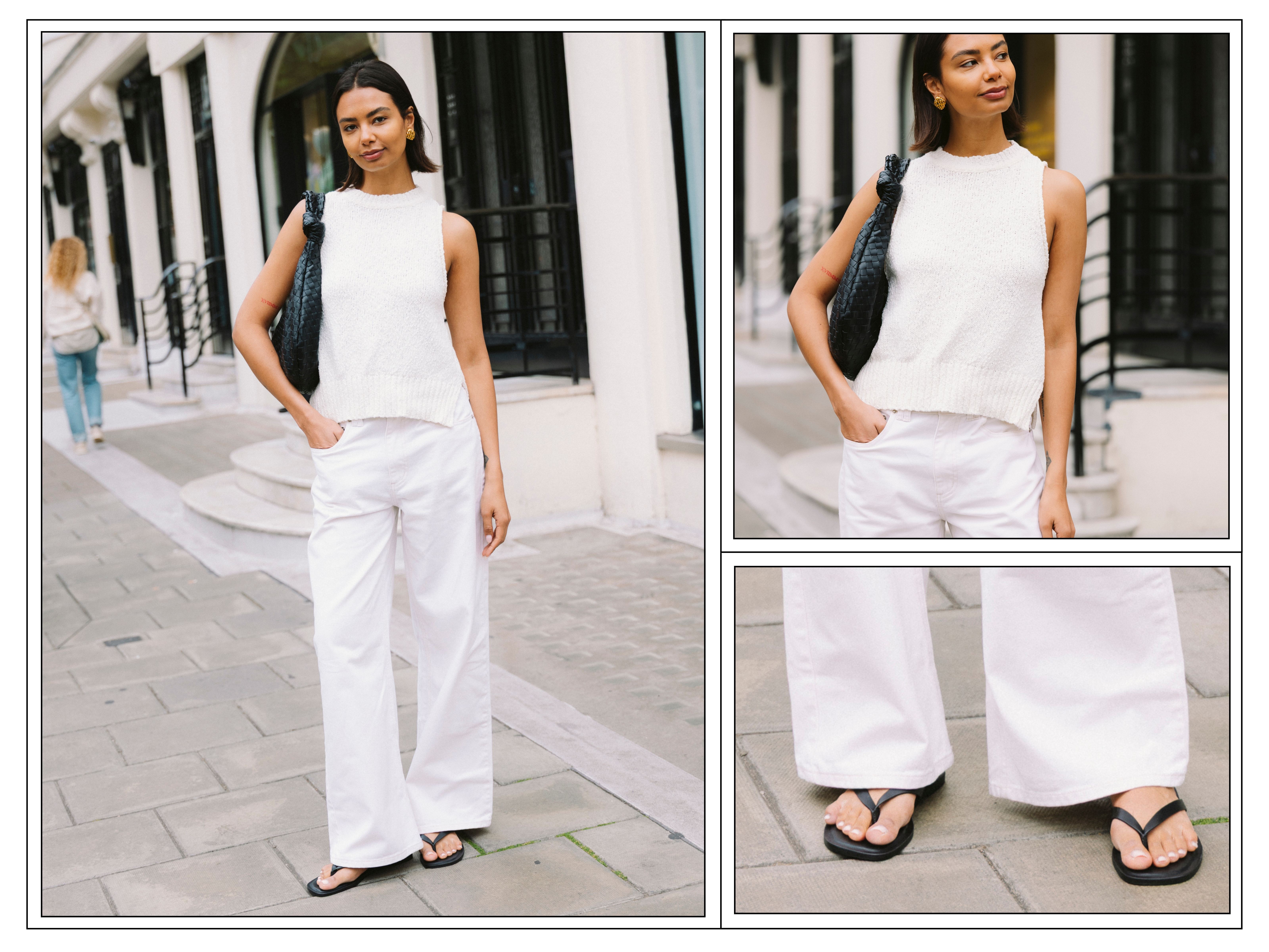 A woman wears white trousers and a white sleeveless knit in London