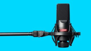 Studio microphone for recording podcasts over blue background