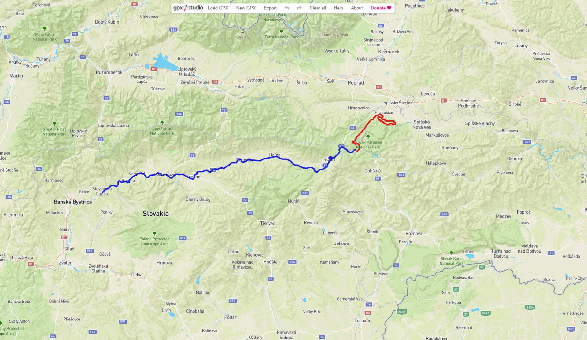 Image shows the route on day 6 from Spišské Tomášovce to Slovenská Ľupča