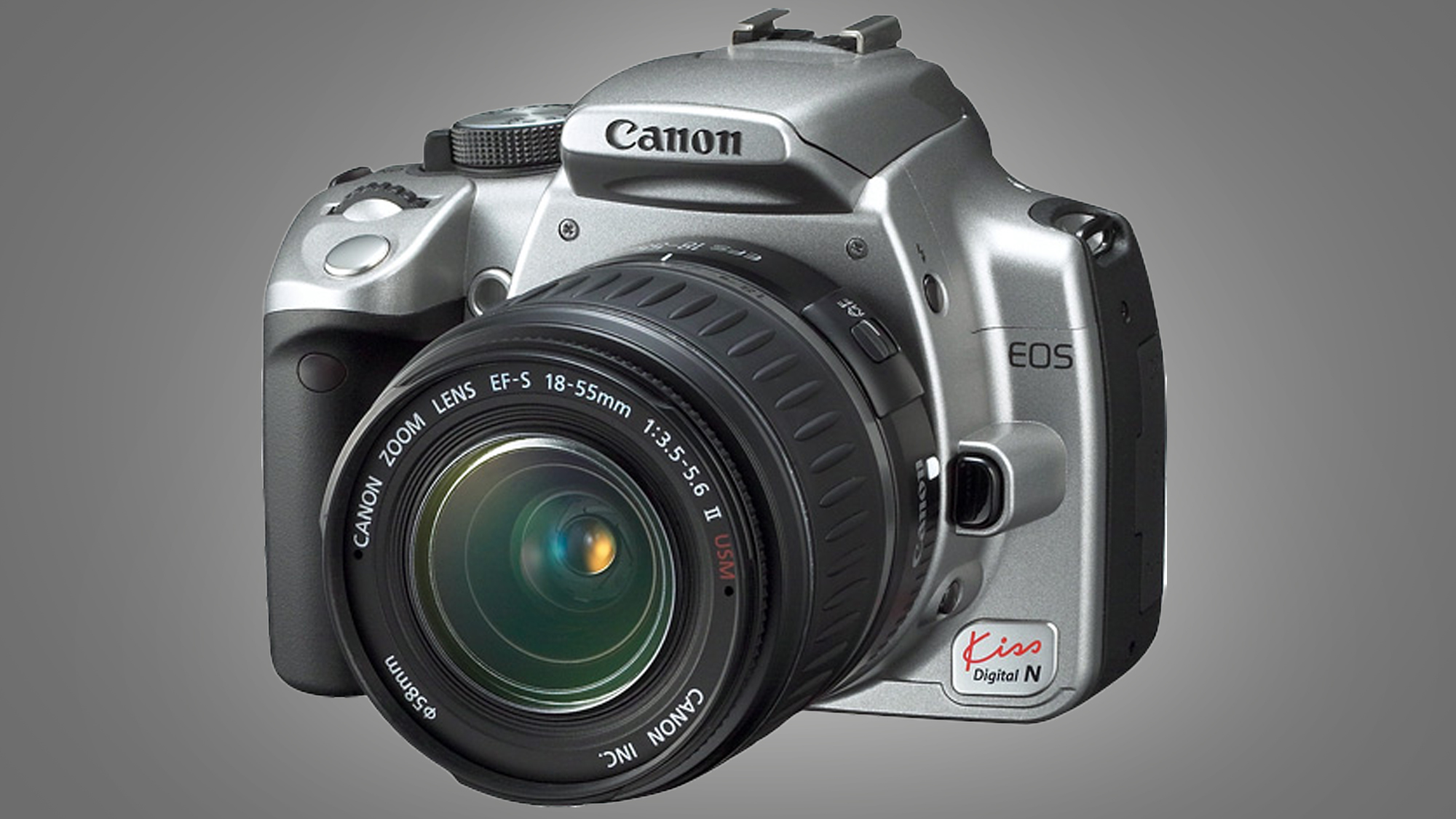 The Canon 350D camera on a grey background