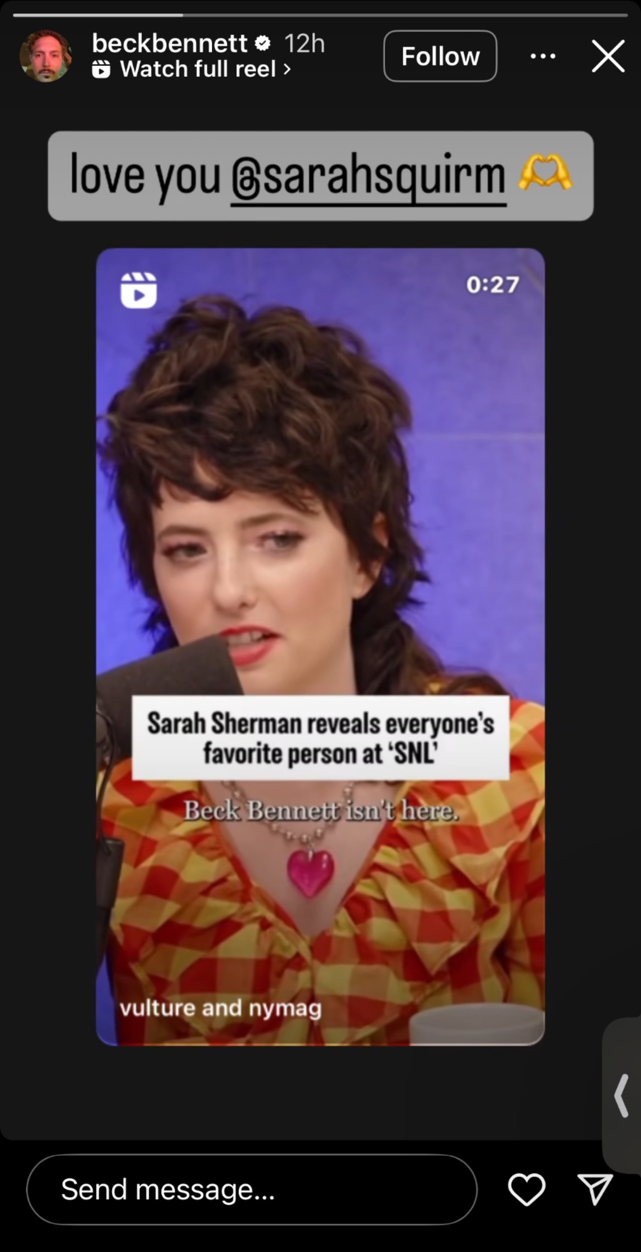 Beck Bennett reposting a clip of Sarah Sherman with the caption 