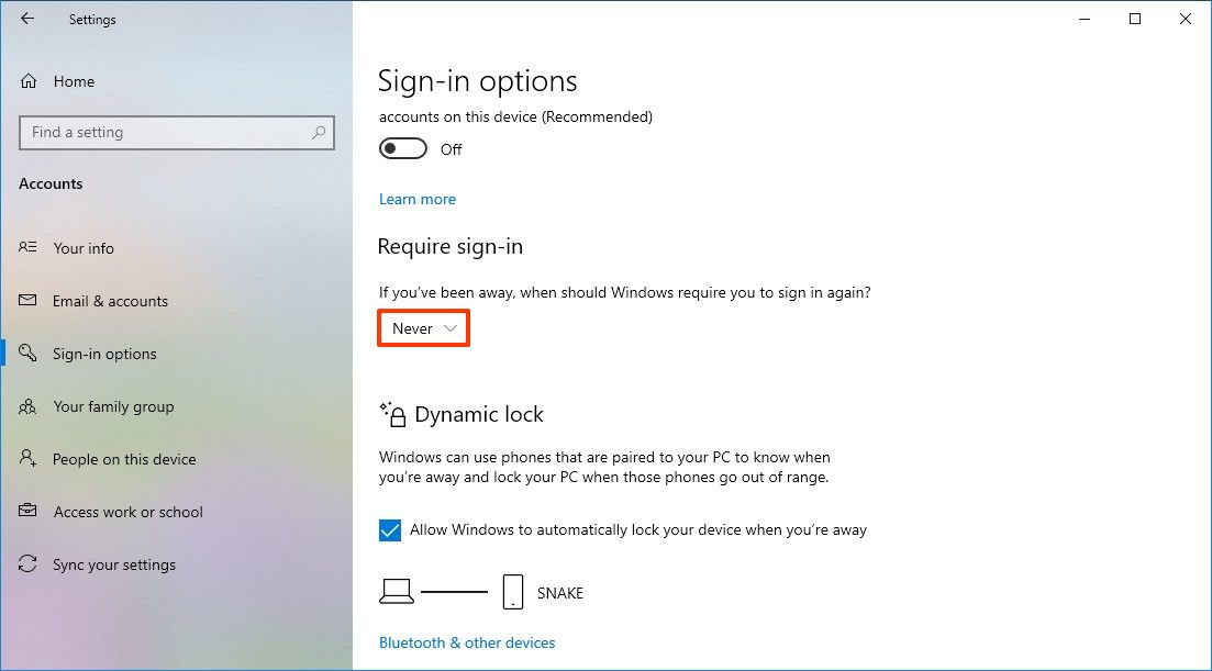 Windows 10 never require sign-in after sleep