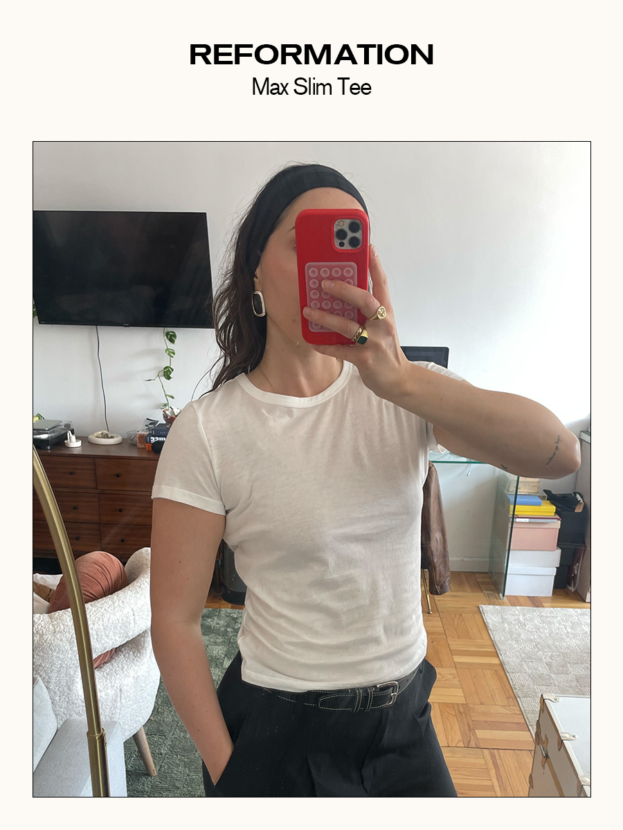 Anna LaPlaca testing and reviewing the best white T-shirts