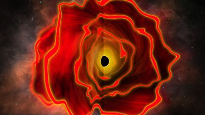 An artist's illustration of a cross section of a black hole star showing a massive cocoon of red gas surrounding a central black hole