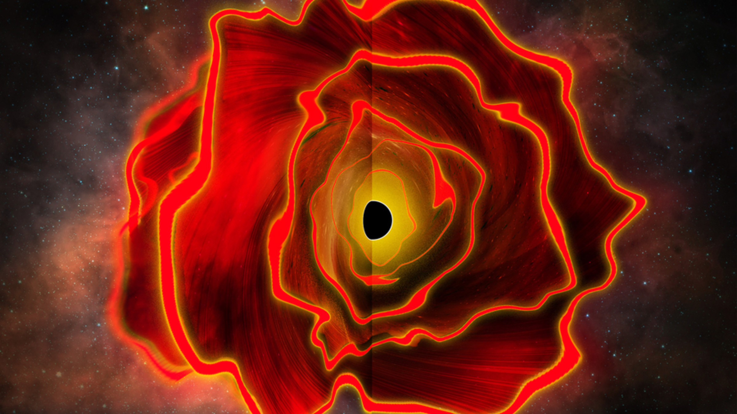 An artist's illustration of a cross section of a black hole star showing a massive cocoon of red gas surrounding a central black hole