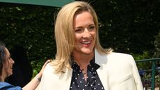 Gabby Logan attends day eight of the Wimbledon Tennis Championships at the All England Lawn Tennis and Croquet Club on July 07, 2025