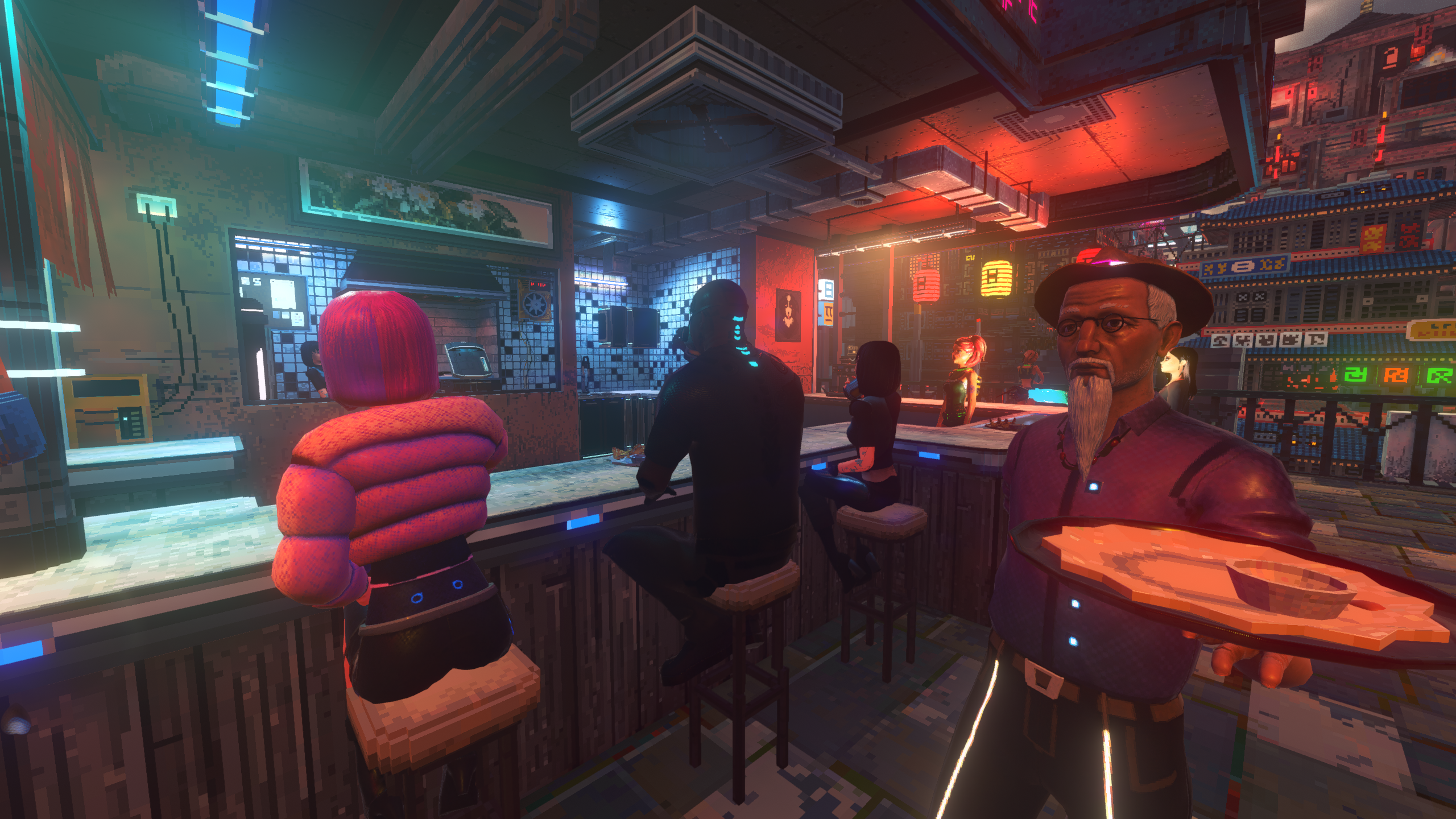 Nivalis Nights - Banor carries a tray of food while three customers sit at Ramen Noir