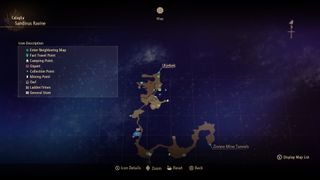 Tales of Arise owl locations - A map of Sandinus Ravine showing the player marker in the northeast part of the map.
