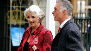 Actress Emma Thompson and her husband Greg Wise arrive at Westminster Abbey ahead of the Coronation of King Charles III and Queen Camilla on May 6, 2023 in London, England. The Coronation of Charles III and his wife, Camilla, as King and Queen of the United Kingdom of Great Britain and Northern Ireland, and the other Commonwealth realms takes place at Westminster Abbey today. Charles acceded to the throne on 8 September 2022, upon the death of his mother, Elizabeth II.