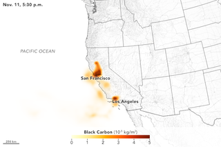 Scientists are using satellite data to monitor black carbon produced by wildfires in California this month. The image shows black carbon levels in the air as of Nov. 11.